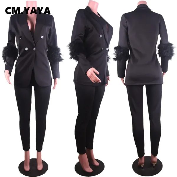 CM.YAYA Vintage Women Fur Hem manica lunga Blazer Suit and Pants 2023 Chic OL Fashion due 2 pezzi Set outfit tuta Basic 6