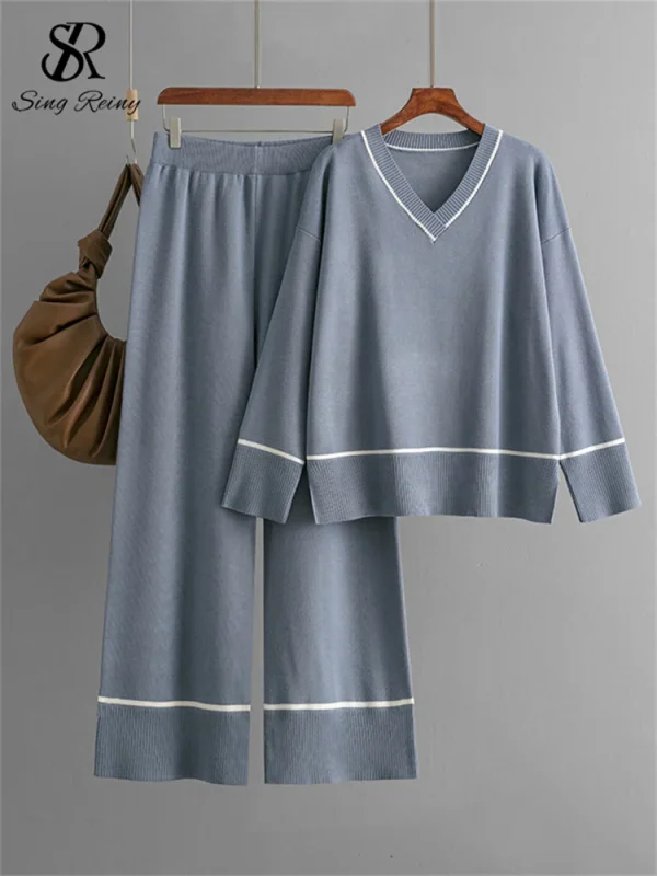 SINGREINY Homewear Knitting set donna scollo a v Split Basic top larghi + vita alta gambe larghe pantaloni Casual autunno inverno 2 pezzi abiti 3