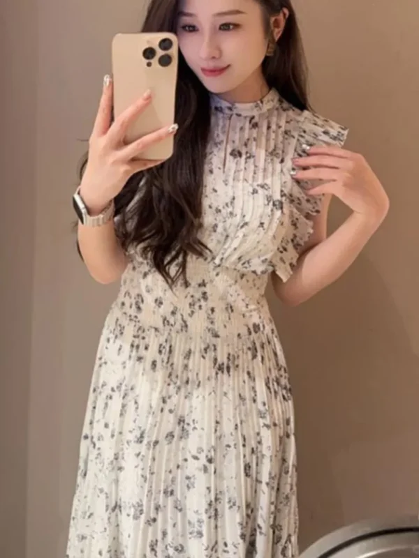 Kuzuwata Nuovo Dolce O Collo Abito con maniche volanti Increspature Chiffon Stampa Patchwork Abito a pieghe Giappone Elegante Letterario Casual Vestido 5