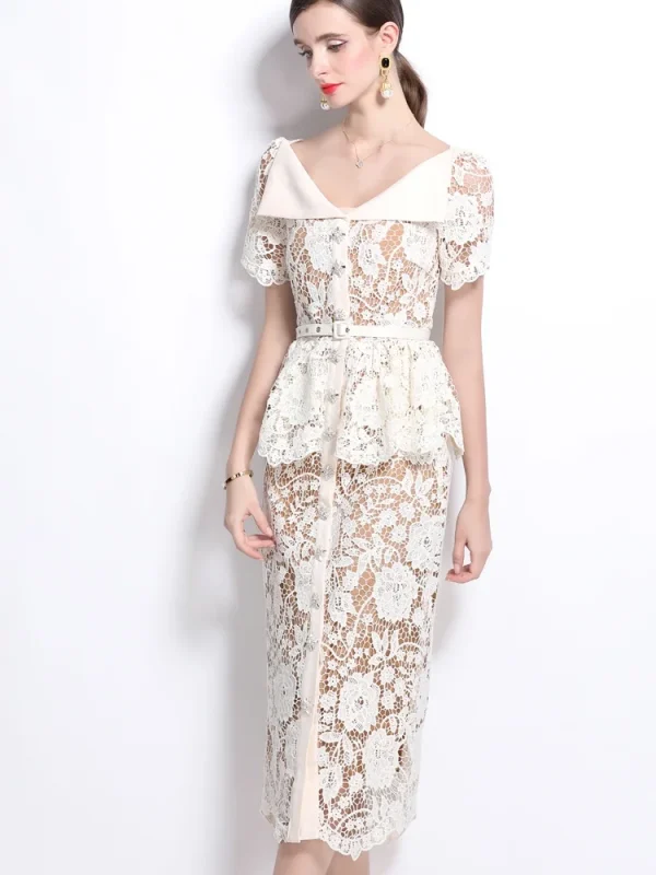 SMTHMA Abito elegante con risvolto a maniche corte in pizzo con temperamento scavato Abiti estivi a vita sottile da donna con cintura 3