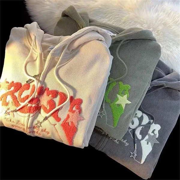 Felpe con zip ricamate alla moda da donna autunno top a maniche lunghe camicia con cappuccio allentato Harajuku Y2K abbigliamento giacca felpa femminile 5