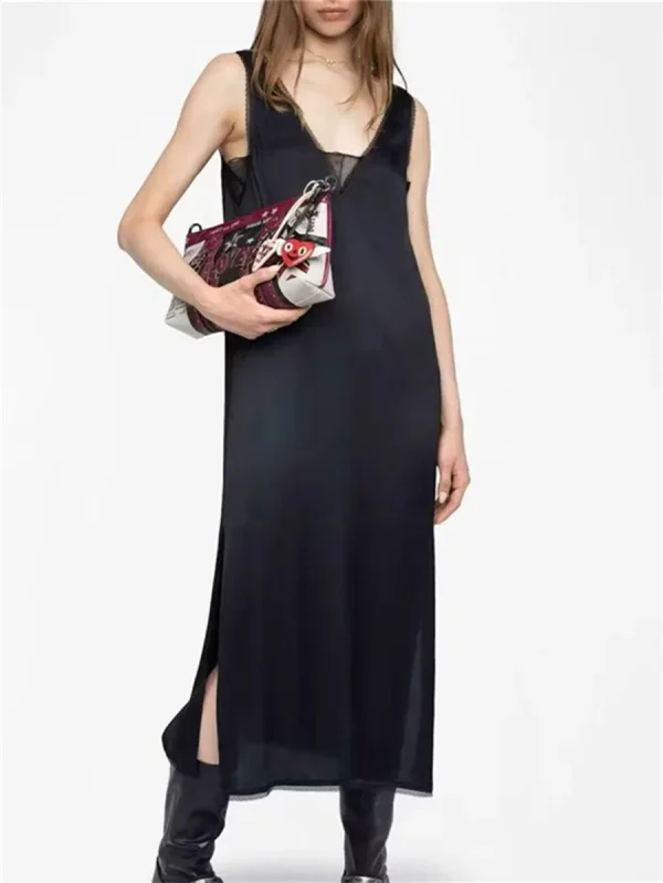 Abito longuette da donna in raso nero 100% viscosa con scollo a V impiombato in pizzo con spacco laterale senza schienale per donna 3