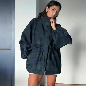 Giacca da donna allentata con griglia vintage Cappotto con colletto allentato oversize con cappuccio a maniche lunghe Capispalla con lacci 2025 New Lady Streetwears 1