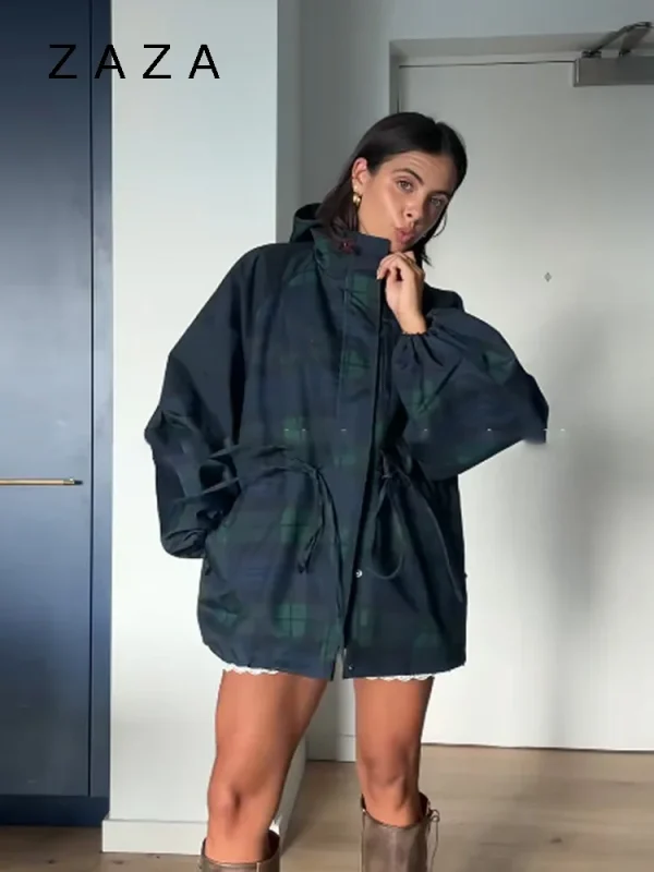 Giacca da donna allentata con griglia vintage Cappotto con colletto allentato oversize con cappuccio a maniche lunghe Capispalla con lacci 2025 New Lady Streetwears 1