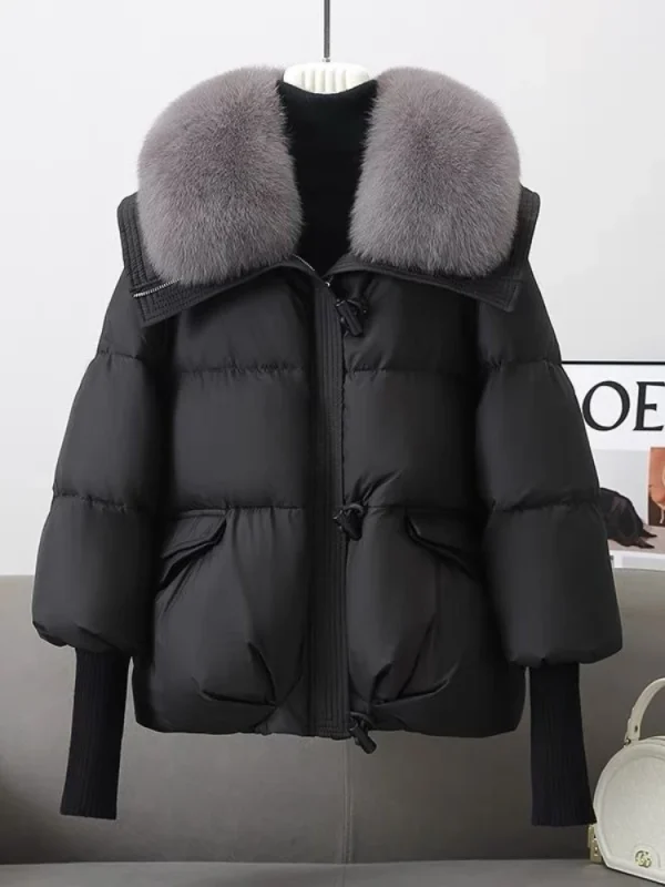 2025 Piumino corto imbottito in cotone da donna Parka collo di pelliccia autunno inverno cappotti spessi femminile nero capispalla casual vestiti 2