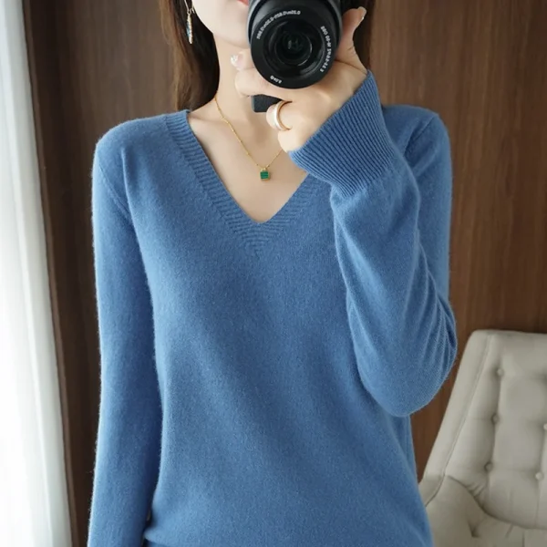 Nuovo maglione da donna con scollo a V in cashmere con scollo in pizzo, design scavato, maglione da donna a maniche lunghe lavorato a maglia casual autunno e inverno 5