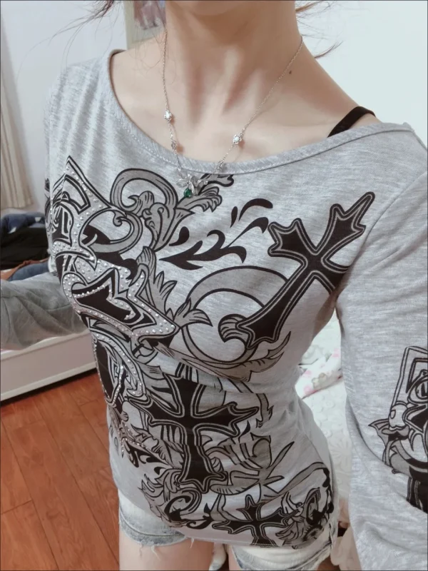 Onalippa American Retro Cross Print T-shirt a maniche lunghe con una spalla Donna Autunno Slim Fit Dimagrante Top con diamanti pressati a caldo 2