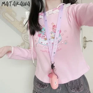 Matakawa Y2k Vestiti Rosa T Shirt per Le Donne Stampa Del Fumetto di Stile Giapponese Dolce Ragazze Ropa De Mujer Primavera Autunno Breve Magliette 1