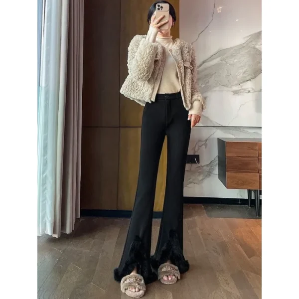 Pantaloni svasati in pelliccia sintetica a vita alta Autunno Inverno Pantaloni foderati in pelo di coniglio stile casual Pantaloni Harlan Tessuto stampato/tessuto tinto 4