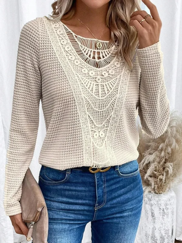 T-shirt ritagliata girocollo tinta unita T-shirt elegante in pizzo a contrasto a maniche lunghe a costine per abbigliamento da donna autunno inverno 1