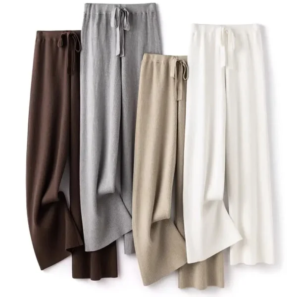 Pantaloni in pura lana a vita alta autunno inverno Pantaloni a gamba larga in cashmere Pantaloni casual larghi in maglia lunga solida delle nuove donne CQ100 2