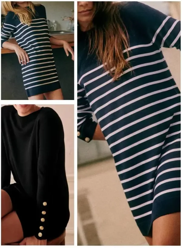 Abito corto lavorato a maglia da donna francese Mini vestaglia femminile a maniche lunghe con scollo a O nero o strisce 2