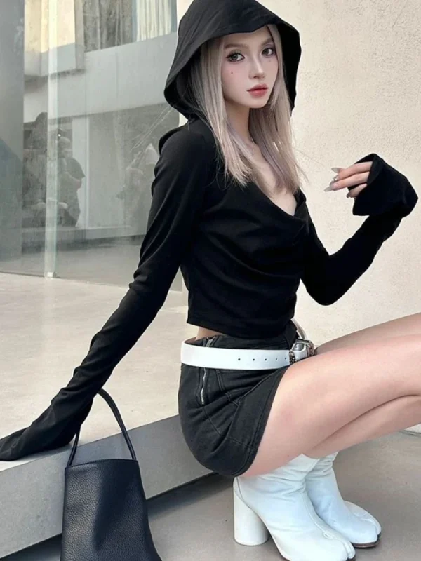 2025 Y2k Estetica Donna Casual T-shirt con cappuccio Streetwear Grunge Autunno Solid Magliette Harajuku Vintage Fata Ritagliata Tees Femme 3