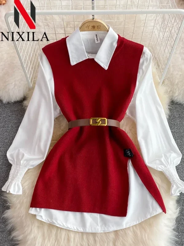 Set da donna chic in 2 pezzi che riduce l'età, camicia bianca a maniche lunghe, maglione, vestibilità ampia, gilet in maglia, pullover, moda primavera autunno 4