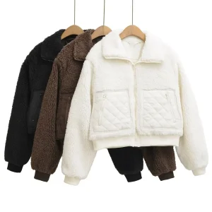 Autunno Inverno Capispalla caldo Giacche Donna Agnello Peluche Cappotto caldo Felpe a maniche lunghe Patchwork Colletto casual Giacca con cerniera 1