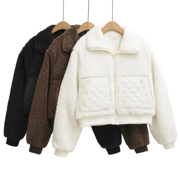 Autunno Inverno Capispalla caldo Giacche Donna Agnello Peluche Cappotto caldo Felpe a maniche lunghe Patchwork Colletto casual Giacca con cerniera 1
