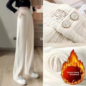 Pantaloni a gamba larga foderati in pile da donna Autunno Inverno Velluto a coste Dimagrante Pantaloni casual drappeggiati alla moda 1