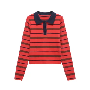 Primavera Y2k Maglione da donna Polo Neck Stripe Fit Camicia inferiore Elegante manica lunga Top Maglieria Abbigliamento femminile 5536018 1