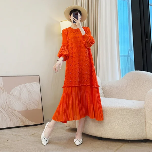 LANMREM Nicchia Perline Design Abito da donna a pieghe larghe Colletto tondo Manica a lanterna Scava fuori Patchwork Famale Abbigliamento DB5110 2