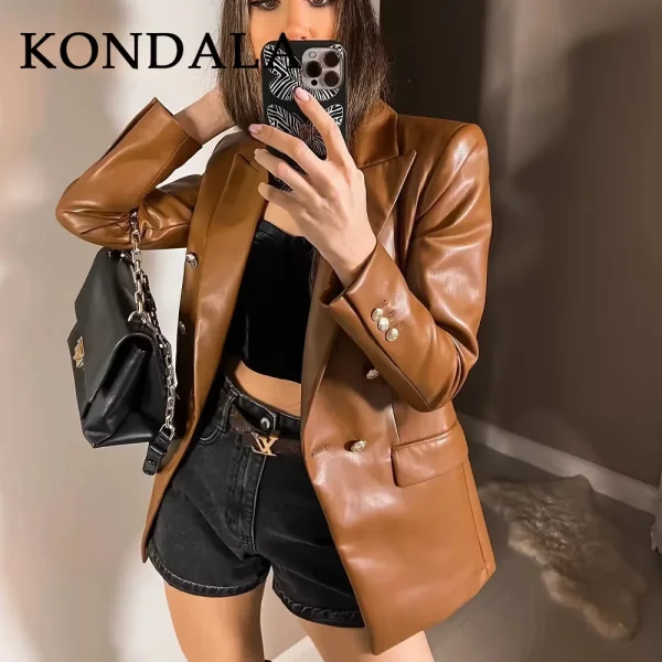 KONDALA 2025 Autunno Inverno Office Lady PU Blazer Moda Vintage Solid Doppio Petto Coprispalle Casual Chic Elegante Donna Blazer 4