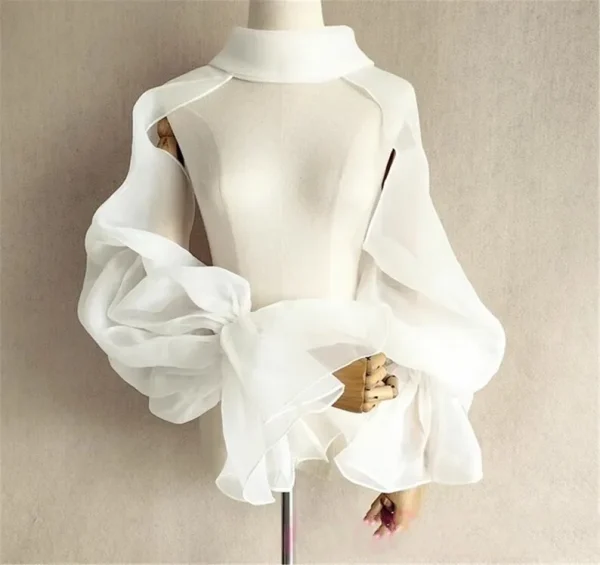 Coprispalle da sposa in organza con maniche a tromba gonfie e collo alto, senza schienale, bolero da sposa, giacca da sposa, coprispalle da festa formale, mantello da donna 5