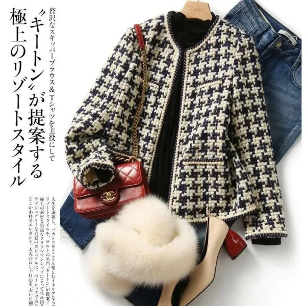 Giacca da donna a maniche lunghe con o-collo vintage scozzese con linea luminosa in seta brillante con bottoni ricoperti Cappotto corto da donna 3