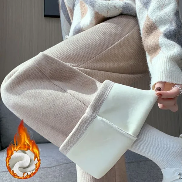 Pantaloni in pile a vita alta da donna invernale Pantaloni termici caldi a gamba dritta Pantaloni classici con coulisse solidi femminili 4