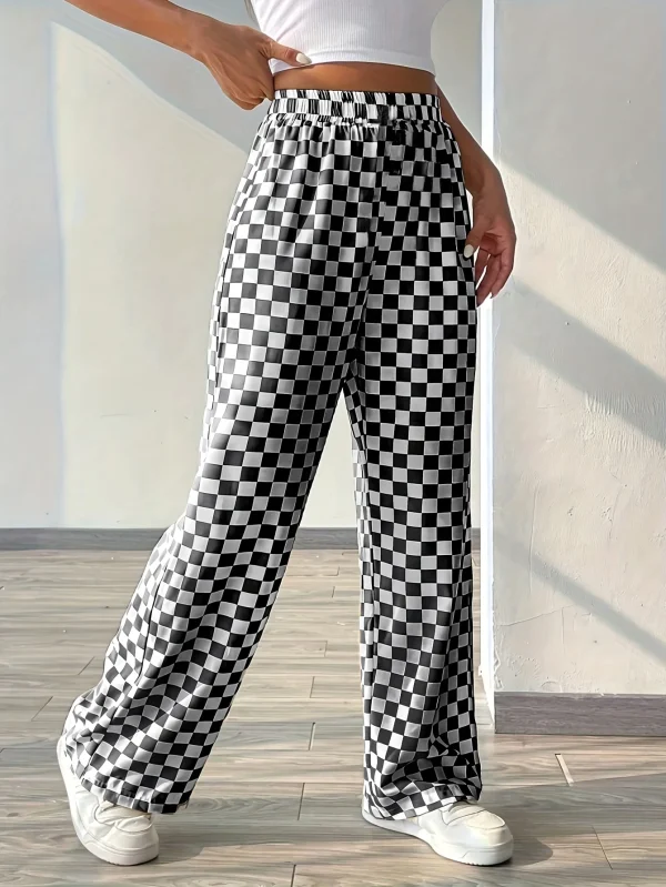 「Eleganti pantaloni larghi dritti da donna a gamba larga con pantaloni casual in tessuto con stampa a quadretti in bianco e nero, lavabili in lavatrice 2