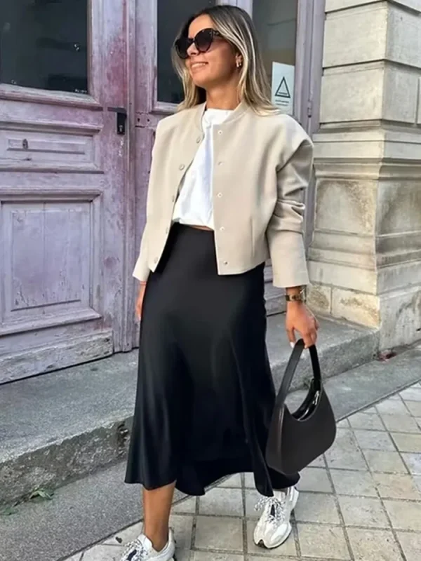 MUJER Donna 2025 Gonna in raso Donna Gonne lunghe a vita alta per le donne Estate Gonna longuette nera Donna Ufficio Gonne da donna eleganti 2