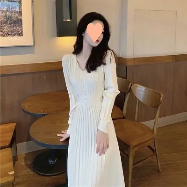 Abito maglione lungo lavorato a maglia francese FAshi da donna che impara la vita con scollo a V manica intera autunno inverno nuovo stile abito strato base 4