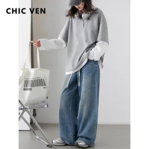 CHIC VEN Pantaloni in denim da donna Solid Loose Casual Retro Jeans con coulisse Pantaloni femminili a gamba dritta Primavera Autunno 2025 1