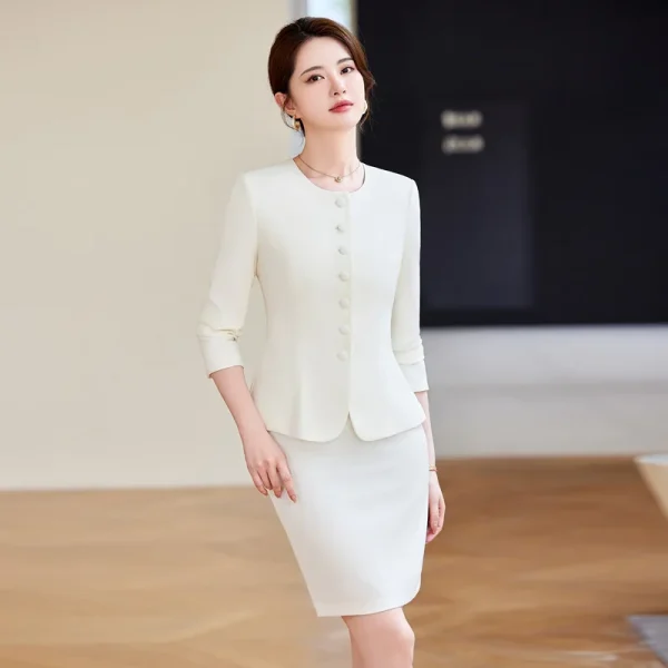 NAVIU Set di pezzi da traino Completi da donna 2024 New Officee Ladies Elegante O Collo Manica lunga Slim Blazer Solid e Gonna Abiti Blu 5