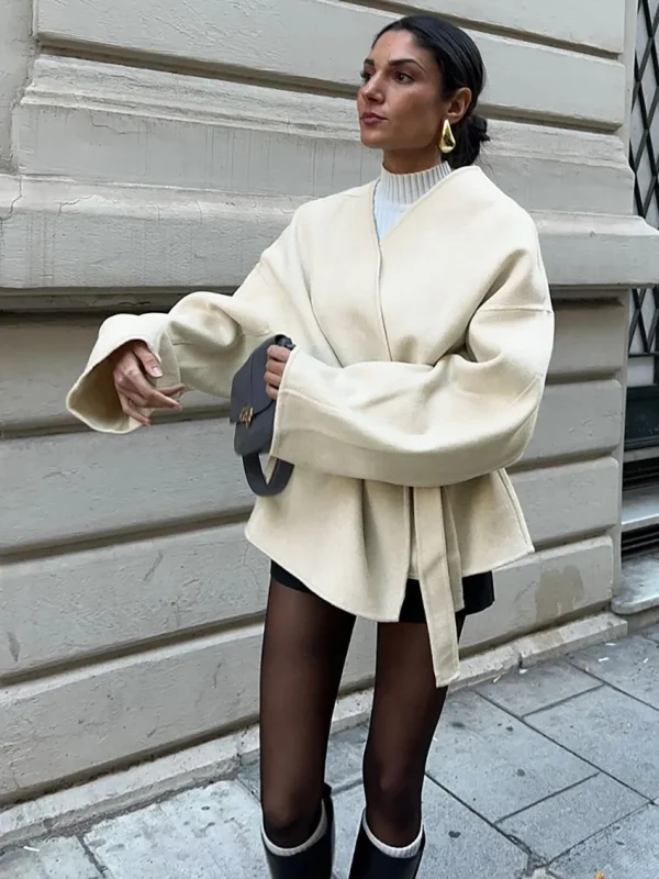 Cappotto con lacci solido moda per donna Giacca elegante a maniche lunghe con scollo a V 2025 Autunno Inverno New Lady Street Capispalla 4