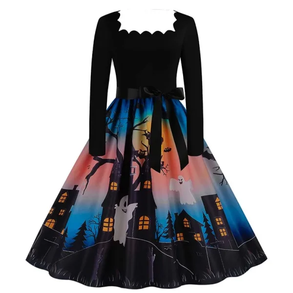 Abito di Halloween per donna colletto quadrato manica lunga stampa vintage festa da sera elegante autunno inverno vestito estivo midi 5