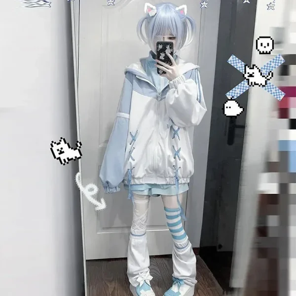 Ragazze Stitch Donna Abbigliamento Sottocultura Felpa con cappuccio giapponese Blu Bianco Autunno Donna Felpe Cerniera Inverno y2k Abbigliamento Felpe con cappuccio 6