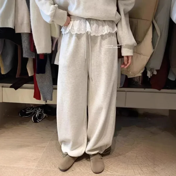 Pantaloni dimagranti a gamba larga Patchwork in pizzo con coulisse Pantaloni casual larghi da donna Lunghezza pavimento Stile pendolare Fibra di poliestere 5