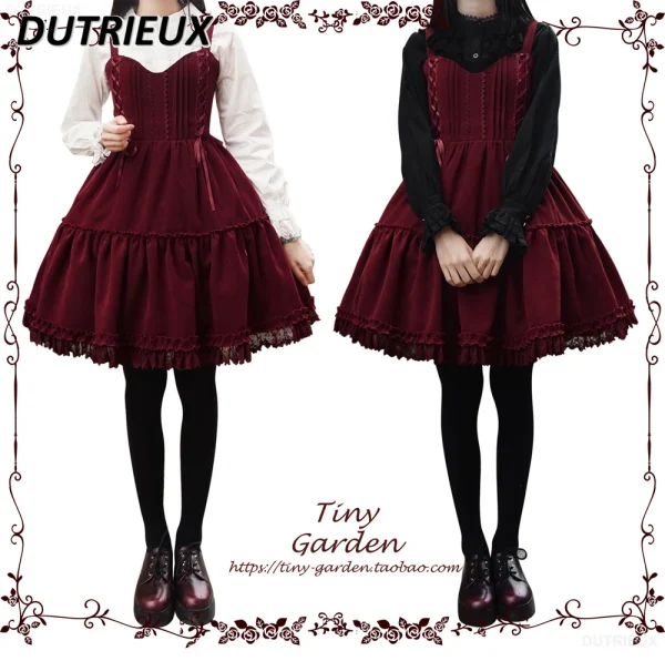 Abito con bretelle in pizzo con fiocco per ragazze dolci autunno e inverno bordeaux JSK Abiti eleganti con canotta dimagrante a vita alta stile Lolita 2
