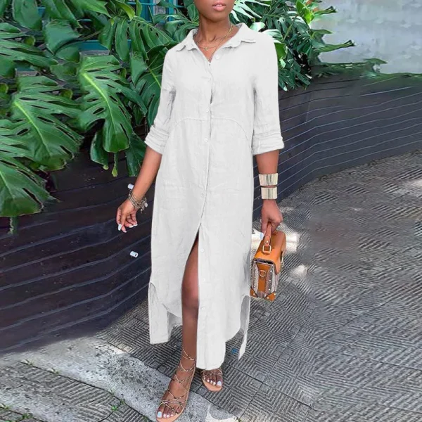 Abiti da donna comodi e casual in cotone e lino Abito cardigan monopetto con risvolto Abito da pendolare quotidiano a maniche lunghe primavera autunno 3
