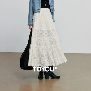 TOYOUTH Gonna di pizzo da donna 2025 Autunno Nuovo stile Stile Boho Strato di giuntura Elastico in vita Una linea Gonna alla caviglia 1