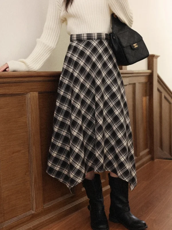 ALXNAN Gonna irregolare scozzese nera Donna Elegante lunga A-line Gonne longuette a quadretti 2025 Autunno Inverno Abbigliamento femminile L57278-1 4