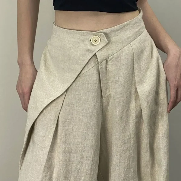 Pantaloni a gamba larga pieghettati casual da donna alla moda chic Texture in lino Pantaloni larghi a vita alta tutti abbinati Mujer Pantalones 4