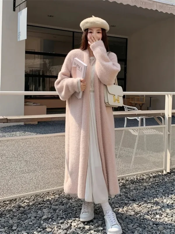 023 autunno/inverno stile pigro sciolto lunghezza al ginocchio addensato puro imitazione visone pile maglione lavorato a maglia Cardigan cappotto cappotto da donna 5