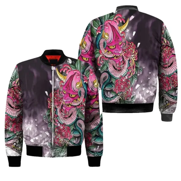 Primavera autunno Mens Bomber Jacket Samurai Oni Mask Tattoo 3D All Over stampato Zip tute Unisex Casual Zipper Jacket abbigliamento 3