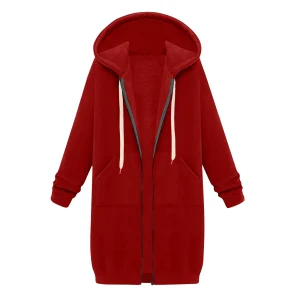 2024 delle nuove donne zip up felpe con cappuccio in pile oversize tunica lunga felpe casual manica lunga autunno con cappuccio tasche cappotto solido 1
