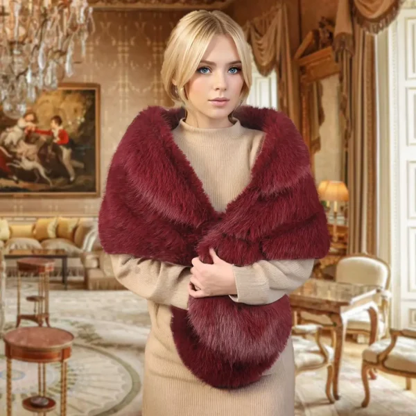 Un scialle alla moda da donna in finta pelliccia di volpe in poliestere fatto a mano, abbigliamento per feste di matrimonio, abbigliamento caldo 5