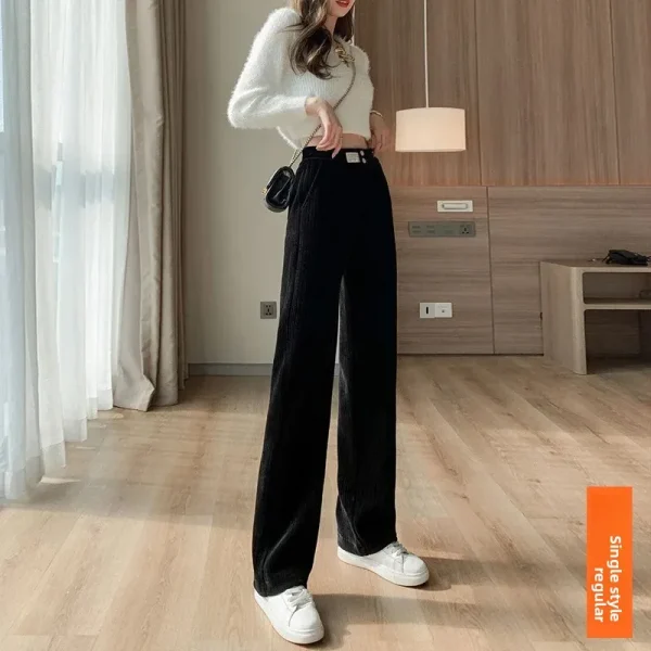 Pantaloni a gamba larga foderati in pile da donna Autunno Inverno Velluto a coste Dimagrante Pantaloni casual drappeggiati alla moda 3