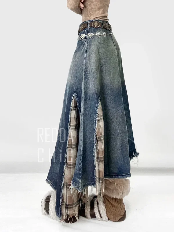 REDDACHiC Gonna di jeans scozzese patchwork irregolare Donna Do Old Gradient Overlay Vita Maxi Gonna jeans lunga Y2k Retro Streetwear 6