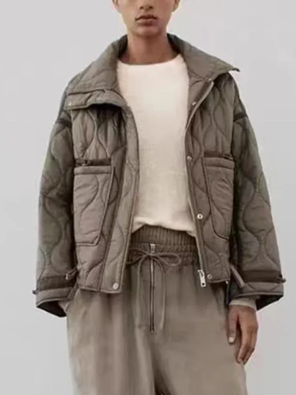 Giacca donna in cotone caldo Autunno e Inverno Colletto in piedi Manica lunga Zip frontale con bottoni Giacca Vintage 4