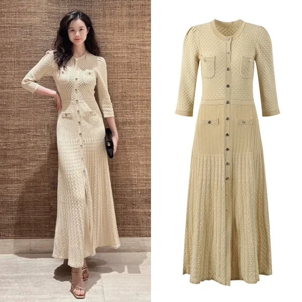 Abito lavorato a maglia scavato jacquard da donna autunnale Abito lungo alla moda e dimagrante per donna 2