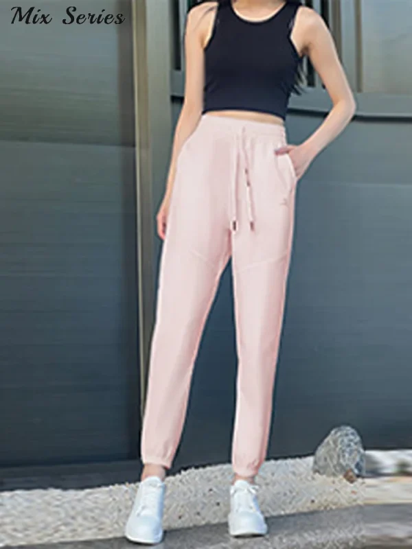 Pantaloni casual ad asciugatura rapida in seta di ghiaccio pantaloni sportivi in vita elastica con coulisse allentata 2024 autunno nuova moda femminile abbigliamento sportivo 5